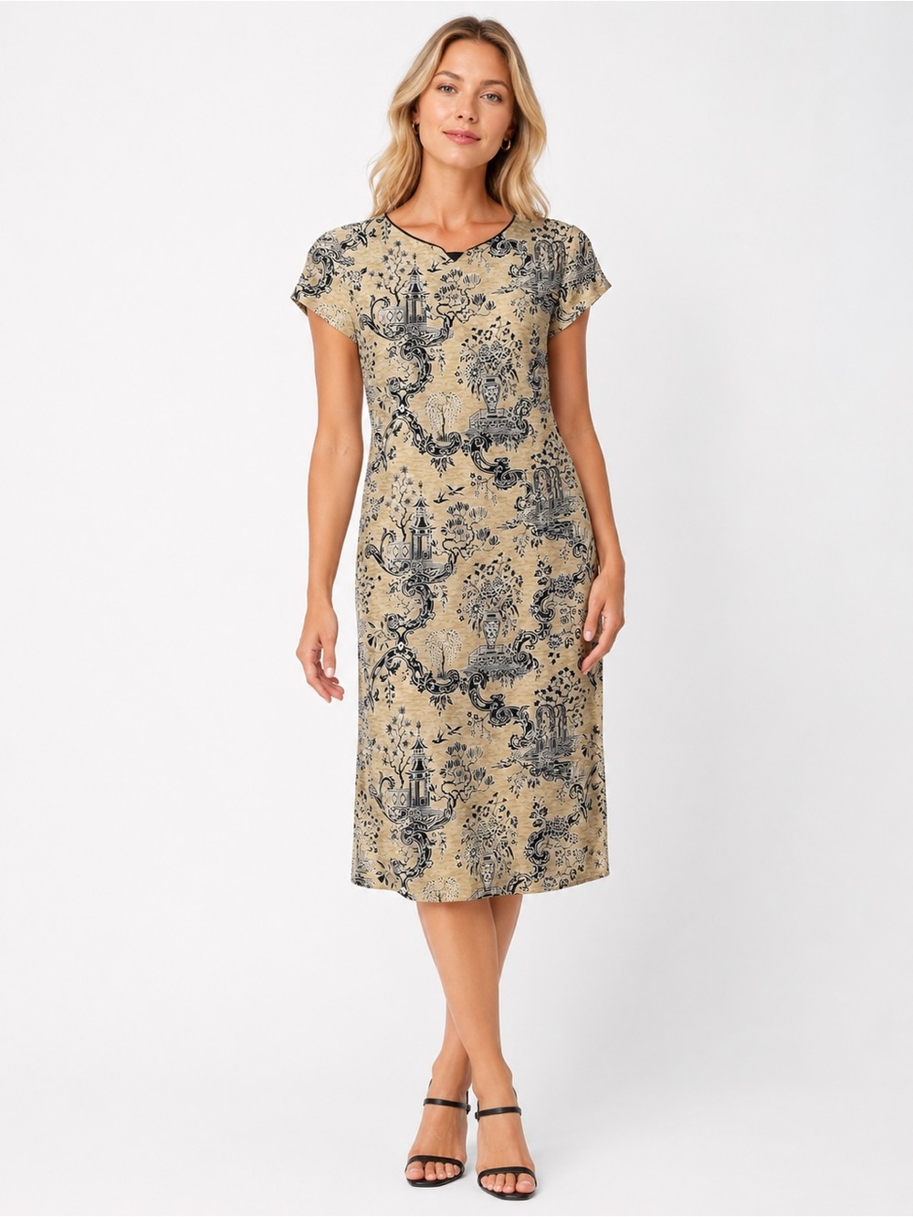Vintage Chinoiserie Print Silk Midi Sheath Dress